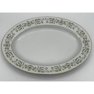 Allegro Green Pattern 12" x 9" Oval Porcelain Serving Platter Japan Vintage